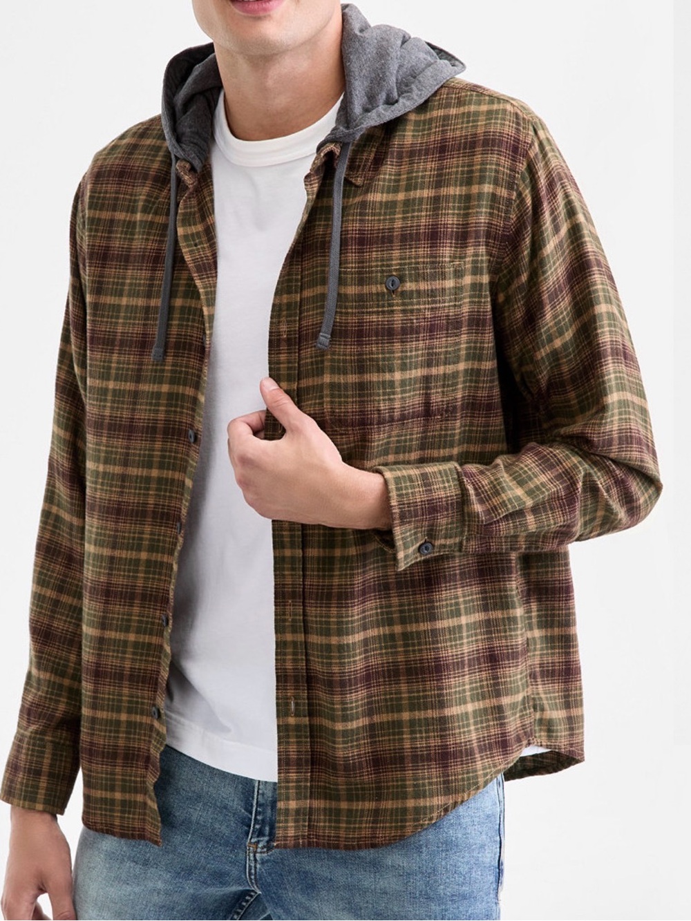 New Men's Plaid Hooded Flannel Shirt Jacket - Olive/Brown Size Large